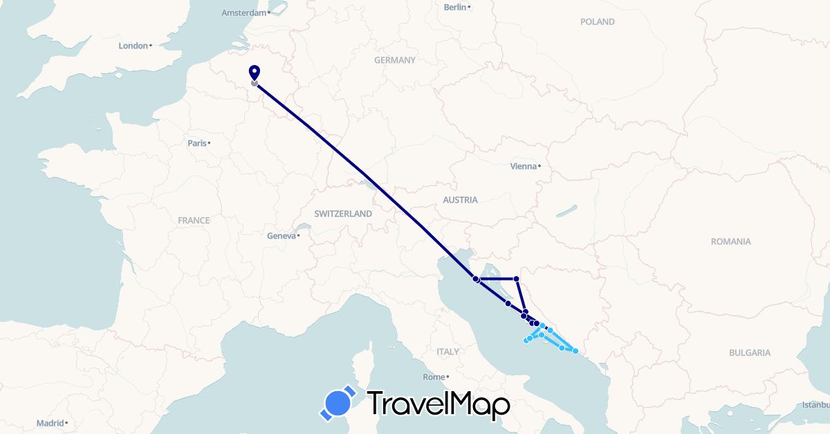 TravelMap itinerary: driving, plane, boat in Belgium, Croatia (Europe)
