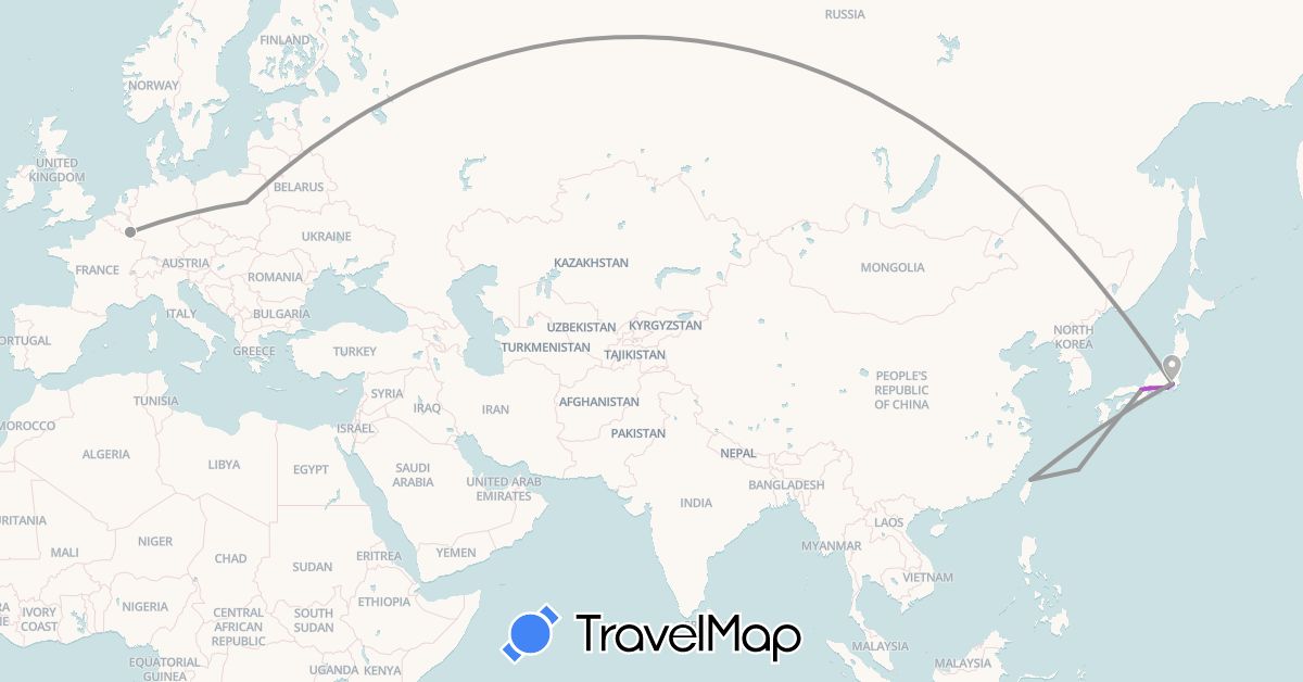 TravelMap itinerary: driving, plane, cycling, train in Japan, Luxembourg, Poland, Taiwan (Asia, Europe)